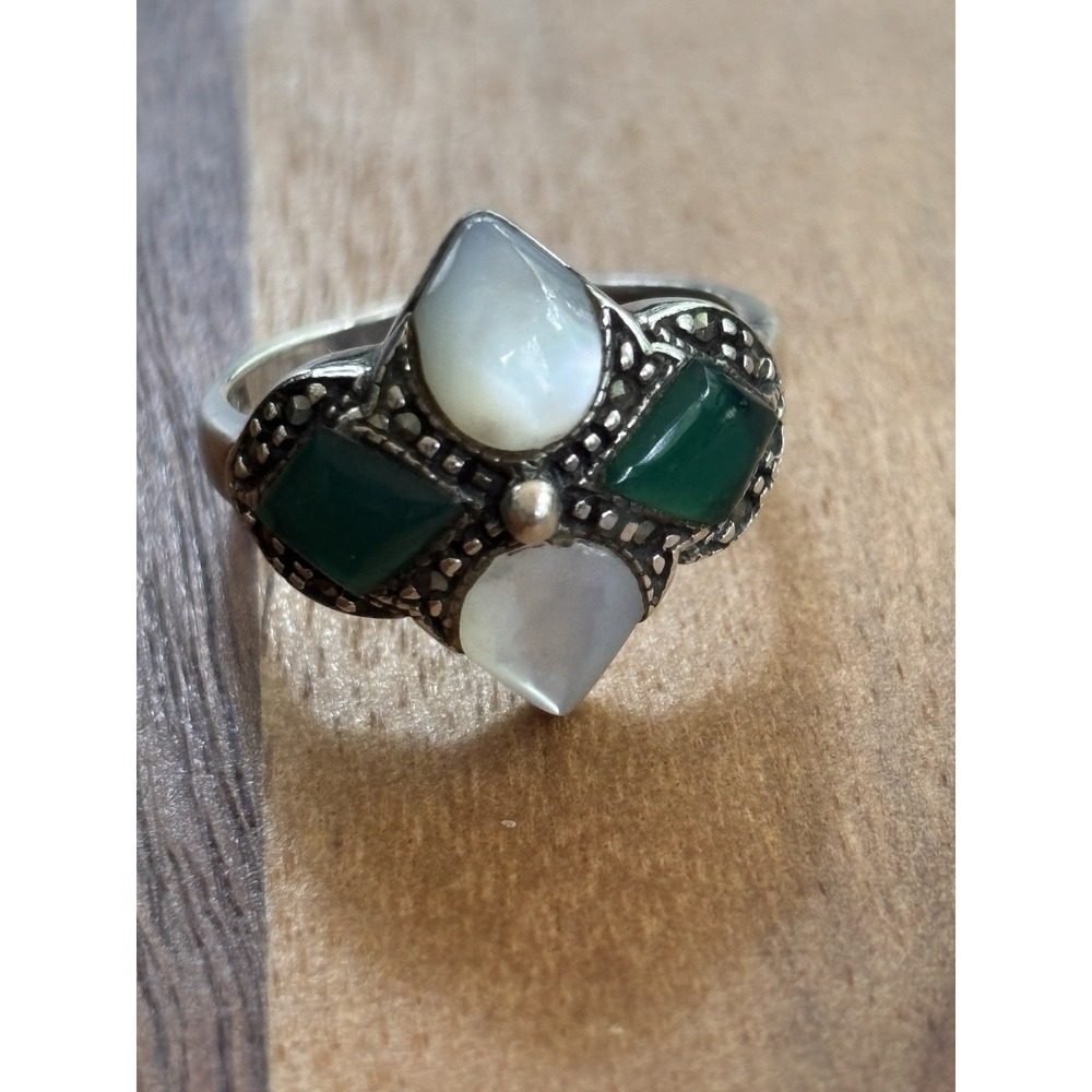 Vintage Green Onyx & Mother Of Pearl Marcasite 925 Sterling Silver Ring SZ 7.75